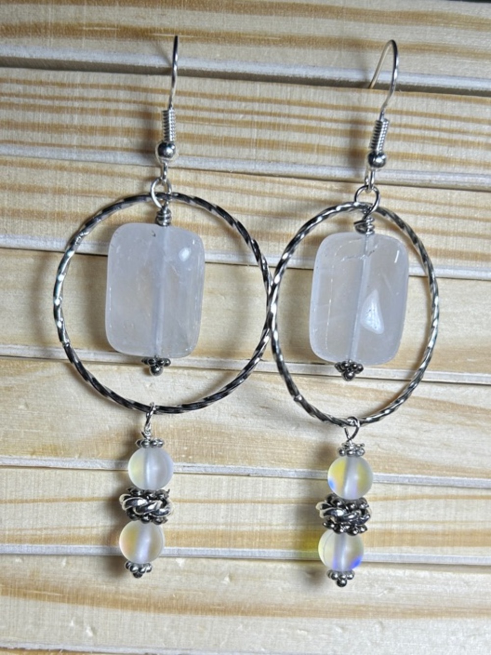 3/$26 Silver Hoop Selenite & Aura Quartz Earrings